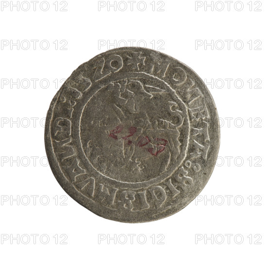 Lithuanian half-grosz, Sigismund I the Old (king of Poland; 1506–1548). Obverse: Pogon (Knight) turned left; in the rim between pearl borders an inscription: + MO, ETA:SIGISMVA, D, :15Z0. Reverse: Polish crowned eagle; in the rim between pearl borders an inscription: +, G, I:DVCIS:LITVA, IE:.:, 1520. Grand Duchy of Lithuania, Vilnius. Polish coin; Jagiellonian dynasty; coats of arms (Pogon, Eagle). R8 (rarity).