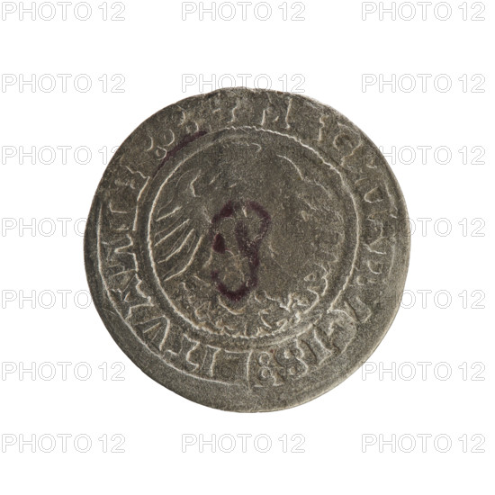 Lithuanian half-grosz, Sigismund I the Old (king of Poland; 1506–1548). Obverse: Pogon (Lithuanian coat of arms) turned left; in the rim between pearl borders an inscription: + MO, ETA:SIGISMVA, D, :15Z0. Reverse: Polish crowned Eagle; in the rim between pearl borders an inscription: +, G, I:DVCIS:LITVA, IE:.:, 1520. Grand Duchy of Lithuania, Vilnius; Polish coin; Jagiellonian dynasty; coats of arms; eagles.