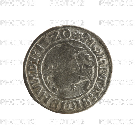 Lithuanian half-grosz, Sigismund I the Old (king of Poland, 1506–1548). Silver coin (half-grosz), 1520. Obverse: Pogon (Lithuanian mounted knight) turned left; rim between pearl borders with inscription + MO, ETA:SIGISMV, DI:15Z0. Reverse: crowned Polish Eagle; rim between pearl borders with inscription + MAG, I:DVCIS:LITVA, IE.:, 1520. Jagiellon dynasty; emblems: Pogon and eagle.