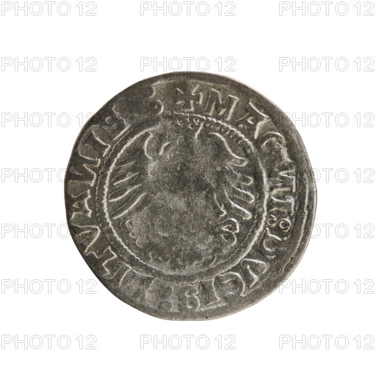 Lithuanian half-grosz, Sigismund I the Old (king of Poland; 1506–1548). Obverse: Pogon turned left; in the rim between pearl borders an inscription: + MO, ETA:SIGISMV, DI:15Z0. Reverse: Polish eagle with a crown; in the rim between pearl borders an inscription: + MAG, I:DVCIS:LITVA, IE.:, 1520. Polish coin of the Grand Duchy of Lithuania (Vilnius), Jagiellon dynasty; emblems: Pogon and crowned eagle.