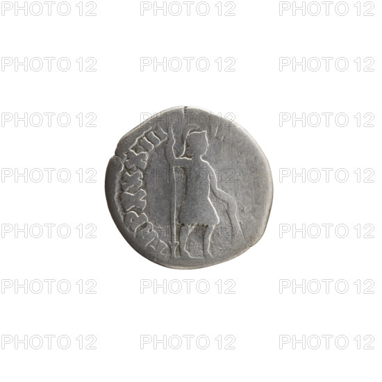 Denarius of Marcus Aurelius (121–180; Roman emperor 161–180). Obverse: Head of Marcus Aurelius with laurel wreath facing right, inscription ONINVS AVG; Reverse: Mars standing right, holding a spear in his right hand, resting his left hand on a shield standing on the ground, inscription TR P XXXIII - IMP X. Date: 179. Roman Empire (27 BC–476), Rome. Coin, diameter 17.0 mm, weight 2.47 g, axis 180 degrees.
