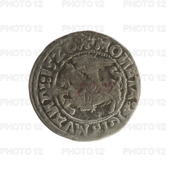 Lithuanian half-grosz, Sigismund I the Old (king of Poland; 1506–1548). Obverse: Pogon (mounted knight) turned left; in the rim between pearl borders an inscription + MO, ETA:SIGISMVA, DI:15Z0:. Reverse: Polish crowned eagle; in the rim between pearly borders an inscription + MAG, :DVCIS:LITVA, IE.:., 1520. Materials/style: silver coin; R8 (rarity). Associated with the Jagiellonian dynasty; coats of arms: Pogon (Lithuania), Eagle. Issued in the Grand Duchy of Lithuania, Vilnius, Poland, 1520.