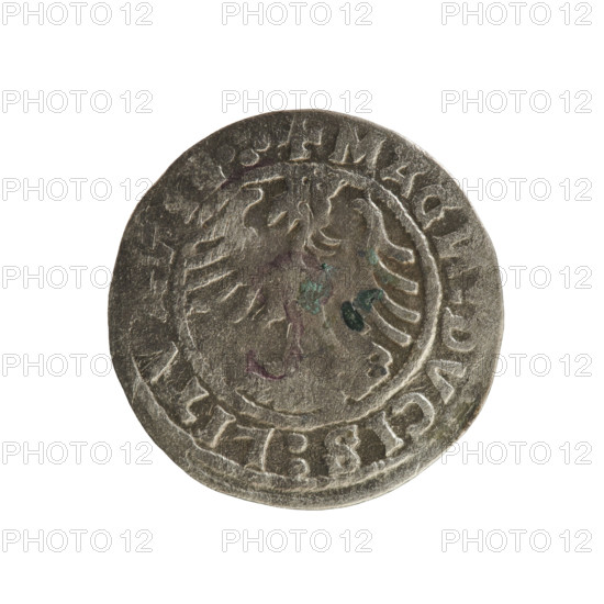 Lithuanian half-grosz, Sigismund I the Old (king of Poland; 1506–1548). Obverse: Pogon turned left; in the rim between pearl borders an inscription: + MO, ETA:SIGISMVA, DI:15Z0:. Reverse: Polish Eagle with a crown; in the rim between pearly borders an inscription: + MAG, :DVCIS:LITVA, IE.:., 1520. R8 (rarity). Polish coin, Jagiellonians (dynasty); coats of arms: Pogon (Lithuania) and Eagle. Grand Duchy of Lithuania, Vilnius, Poland. Copper coin.