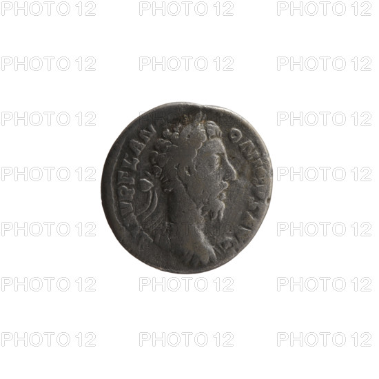 Denarius of Marcus Aurelius (121–180; Roman emperor 161–180). Obverse: Bust of Marcus Aurelius in laurel wreath, armor and cloak (paludamentum), facing right; legend M AVREL AN - ONINVS AVG. Reverse: Fortuna seated left, holding a rudder in her right hand and a cornucopia in her left, a wheel under the seat; legend TR P XXXII, X COS III PP. Date: 179–180. Roman Empire (27 BC–476). Coin; diameter 18.0 mm, weight 2.87 g, axis 0°.