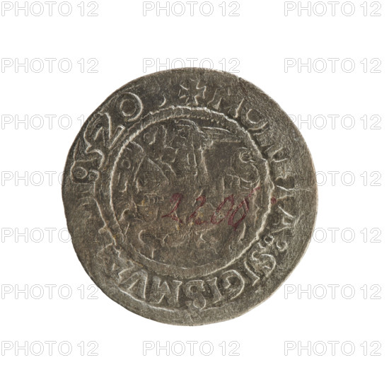 Lithuanian half-grosz, Sigismund I the Old (king of Poland; 1506–1548). R8 (rarity). Polish coin of the Jagiellonian dynasty. Obverse: Pogon (Lithuanian coat of arms) turned left; in the rim between pearl borders an inscription: + MO, A:SIGISMVA, DI:5Z0:. Reverse: Polish crowned eagle; in the rim between pearl borders an inscription: + MAG, IS:LITVA, IE.:, 1520. Grand Duchy of Lithuania, Vilnius.