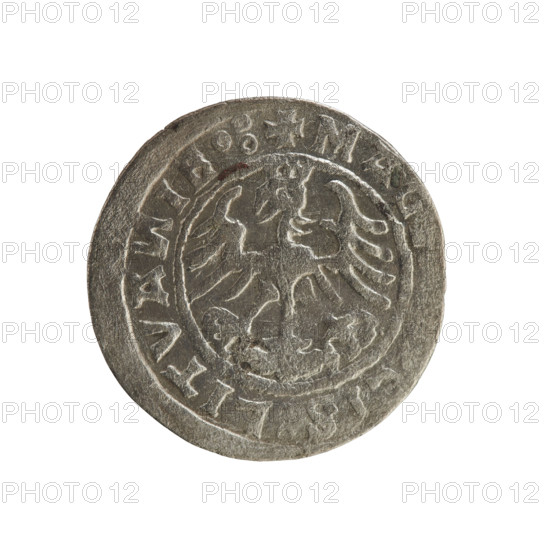 Lithuanian half-grosz, Sigismund I the Old (king of Poland; 1506–1548). R8 (rarity). Polish coin from 1520, Grand Duchy of Lithuania, Vilnius. Obverse: Pogon (Lithuanian coat of arms) turned left; in the rim between pearl borders an inscription: + MO A:SIGISMVA DI:5Z0: . Reverse: Polish crowned eagle; in the rim between pearl borders an inscription: + MAG IS:LITVA IE.: 1520. Subjects: Jagiellonians dynasty; coats of arms, eagles.