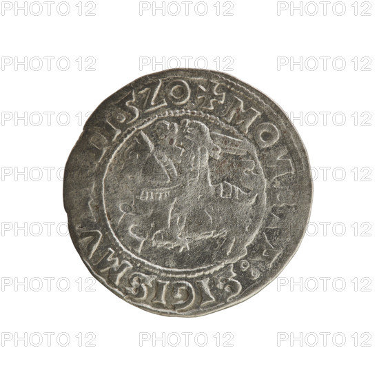Lithuanian half-grosz (1520) of Sigismund I the Old (king of Poland, 1506–1548). Obverse: Pogon (Lithuanian knight) turned left; in rim between pearl borders an inscription: + MO A:SIGISMV DI. Reverse: crowned Polish Eagle; in rim between pearl borders an inscription: AG I:DVCI LITVA IE: Materials: coin; region: Grand Duchy of Lithuania (Vilnius), Poland. Style/emblems: Jagiellon dynasty, emblems—Pogon, Eagle.