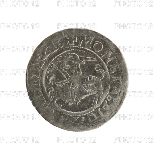 Lithuanian half-grosz, Sigismund I the Old (king of Poland; 1506–1548), 1521. Silver coin (half-grosz). Obverse: Pogon (Lithuanian mounted knight) turned left; in the rim between pearl borders an inscription: + COIN:SIG, NDI:15Z1:. Reverse: Polish crowned eagle; in the rim between pearl borders an inscription: + MAGNI:D, IS:L, ANIE:]. Emblems: Pogon and Eagle. Grand Duchy of Lithuania, Vilnius, Poland.