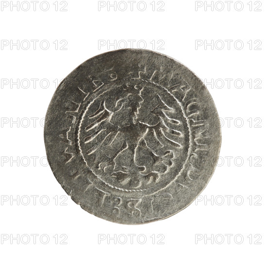 Lithuanian half-grosz, Sigismund I the Old (king of Poland; 1506–1548). Obverse: Pogon (Lithuanian charging knight) turned left; in the rim between pearl borders an inscription: + COIN:SIG, NDI:15Z1:. Reverse: crowned Polish Eagle; in the rim between pearl borders an inscription: + MAGNI:D, IS:L, ANIE:]. Dated 1521. Material: coin; region: Grand Duchy of Lithuania (Vilnius), Poland.