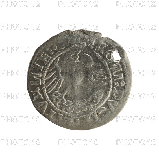 Lithuanian half-grosz, Sigismund I the Old (king of Poland; 1506–1548). R8 (rarity). Polish coin of the Jagiellon dynasty, dated 1520. Obverse: Pogon (Lithuanian coat of arms) turned left; in the rim between pearl borders an inscription including 'TA:SIGISMV'. Reverse: Polish crowned eagle; in the rim between pearl borders an inscription including 'MA, I:DVCI, TVA, IE, 1520'. Grand Duchy of Lithuania — Vilnius.