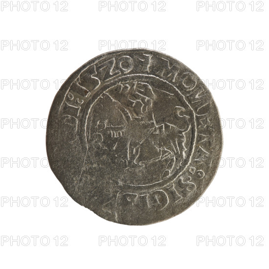 Lithuanian half-grosz, Sigismund I the Old (king of Poland; 1506–1548). Silver coin (half-grosz), 1520. Obverse: Pogon (Lithuanian knight) turned left; rim with pearl borders and inscription '+ MO, ETA:SIG, DI:15Z0'. Reverse: Polish crowned eagle; rim with pearl borders and inscription '+ MAG, I:D, VA, IE:.:, 1520'. Jagiellon dynasty; Grand Duchy of Lithuania (Vilnius); Poland.