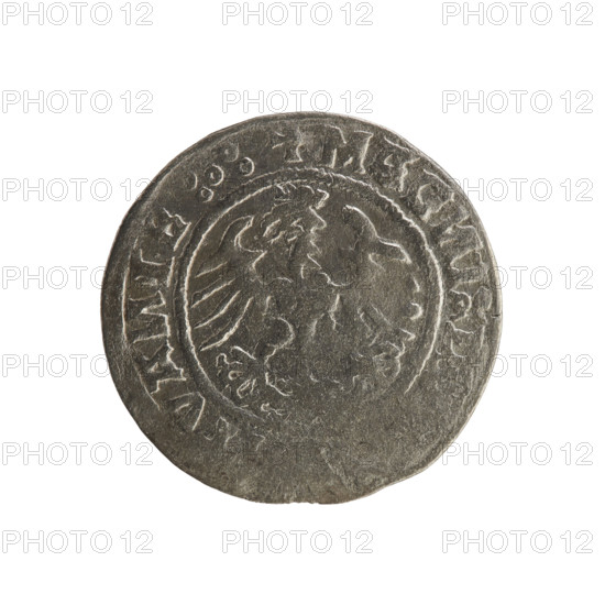 Lithuanian half-grosz, Sigismund I the Old (king of Poland; 1506–1548). Silver coin (half-grosz), dated 1520. Obverse: Pogon (Lithuanian mounted knight) turned left; inscription in rim between pearl borders: + MO, ETA:SIG, DI:15Z0. Reverse: Polish crowned eagle; inscription in rim between pearl borders: + MAG, I:D, VA, IE:.:, 1520. Associated with the Jagiellon dynasty; emblems: Pogon and Eagle. Origin: Grand Duchy of Lithuania, Vilnius; Poland.