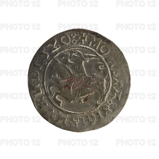 Lithuanian half-grosz, Sigismund I the Old (king of Poland; 1506–1548). Obverse: Pogon turned left; in the rim between pearl borders an inscription: + MO, A:SIGI, DI:5Z0:. Reverse: Polish Eagle with a crown; in the rim between pearly borders an inscription: + MI:DVCIS:LITVA, IE:.:. Date: 1520. Materials/style: coin from the Grand Duchy of Lithuania (Vilnius), Jagiellonian period; features coats of arms — Pogon (Lithuania) and Eagle (Poland). R8 (rarity). Polish coin.