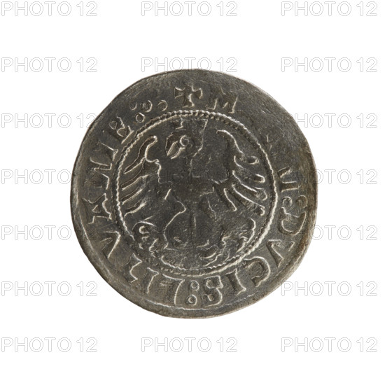 Lithuanian half-grosz, Sigismund I the Old (king of Poland; 1506–1548). R8 (rarity). Polish coin of the Jagiellonian dynasty. Obverse: Pogon (mounted knight) turned left; in the rim between pearl borders an inscription: + MO, A:SIGI, DI:5Z0:. Reverse: Polish crowned Eagle; in the rim between pearly borders an inscription: + MI:DVCIS:LITVA, IE:.:. Date: 1520. Grand Duchy of Lithuania, Vilnius.
