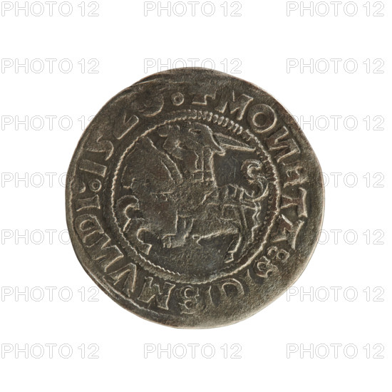 Lithuanian half-grosz, Sigismund I the Old (king of Poland; 1506–1548). Polish coin (Jagiellon dynasty). Obverse: Pogon (Lithuanian knight) turned left; rim between pearl borders with inscription + MO, ETA:S, SMV, DI:15. Reverse: Polish crowned eagle; rim between pearl borders with inscription + G, I:DVCIS:LITVANIE, 1520. Grand Duchy of Lithuania; Vilnius.
