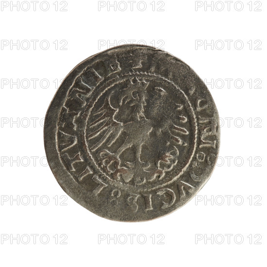 Lithuanian half-grosz, Sigismund I the Old (king of Poland; 1506–1548). Silver coin (half-grosz), 1520. Obverse: Pogon (Lithuanian charging knight) turned left; inscription in rim between pearl borders: + MO, ETA:S, SMV, DI:15. Reverse: crowned Polish eagle; inscription in rim between pearl borders: + G, I:DVCIS:LITVANIE, 1520. Grand Duchy of Lithuania, Vilnius.