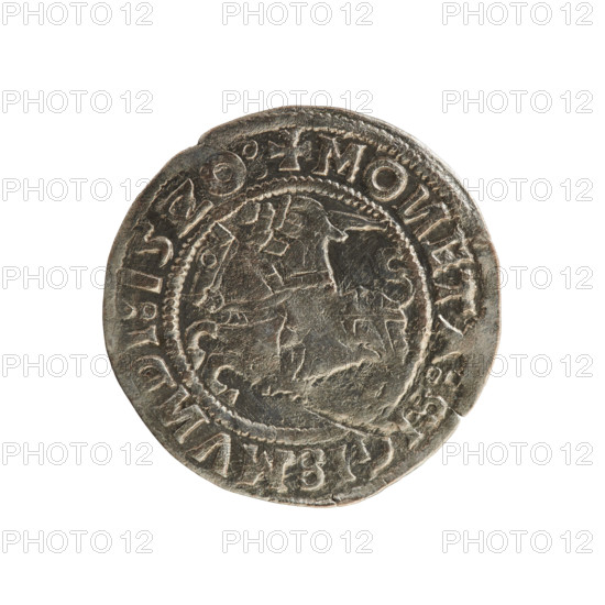 Lithuanian half-grosz, Sigismund I the Old (King of Poland; 1506–1548). Silver coin (half-grosz), 1520. Obverse: Pogon (Lithuanian coat of arms) turned left; in the rim between pearly borders an inscription: + MO, ETA:SIGISMV, DI:15Z0:. Reverse: crowned Polish Eagle; in the rim between pearly borders an inscription: + MAG, I:DVCIS:LI, A, IE:, 1520. Grand Duchy of Lithuania, Vilnius.