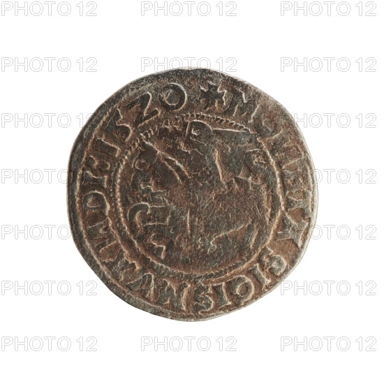 Lithuanian half-grosz, Sigismund I the Old (King of Poland; 1506–1548). Polish coin of the Jagiellon dynasty. Obverse: Pogon (coat of arms of Lithuania) turned left; in the rim between pearly borders an inscription: + MO, ETA SIGISMVA, DI:15Z0. Reverse: Polish crowned eagle; in the rim between pearly borders an inscription: + MAG, I:DVC, LITVA, IE:, 1520. Grand Duchy of Lithuania, Vilnius.
