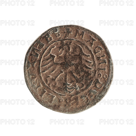 Lithuanian half-grosz, Sigismund I the Old (King of Poland; 1506–1548). Obverse: Pogon (Lithuanian coat of arms) turned left; in the rim between pearly borders an inscription: + MO, ETA SIGISMVA, DI:15Z0. Reverse: Polish crowned eagle; in the rim between pearly borders an inscription: + MAG, I:DVC, LITVA, IE:, 1520. Polish coin of the Jagiellon dynasty; Grand Duchy of Lithuania, Vilnius.