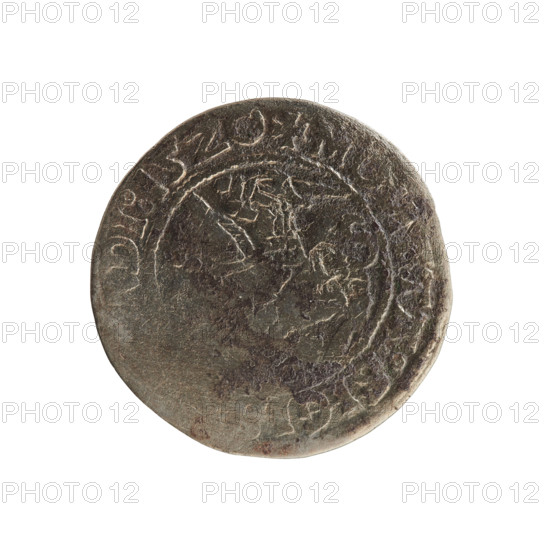 Lithuanian half-grosz, Sigismund I the Old (King of Poland; 1506–1548). Polish coin of the Jagiellon dynasty. Obverse: Pogon (Lithuanian coat of arms) turned left; in the rim between pearl-shaped borders an inscription: + MO, ETA:SIGIS, DI:15Z0. Reverse: Polish crowned eagle; in the rim between pearl-shaped borders an inscription: AG, I:DVCIS:LITVA, 1520. Grand Duchy of Lithuania; Vilnius.