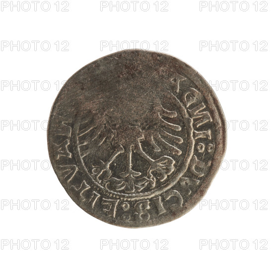 Lithuanian half-grosz, Sigismund I the Old (King of Poland; 1506–1548). Obverse: Pogon (Lithuanian knight) turned left; in the rim between pearl-shaped borders an inscription: +MO, ETA:SIGIS, DI:15Z0. Reverse: Polish crowned eagle; in the rim between pearl-shaped borders an inscription: AG, I:DVCIS:LITVA, 1520. Polish coin of the Jagiellon dynasty; Grand Duchy of Lithuania (Vilnius).