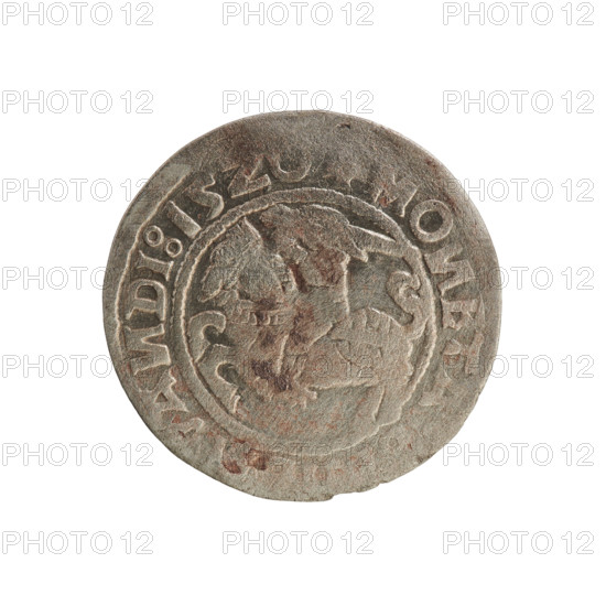 Lithuanian half-grosz, Sigismund I the Old (King of Poland; 1506–1548). Obverse: Pogon (Lithuanian coat of arms) turned left; in rim between pearly borders an inscription: + MO ETA VA DI:15Z. Reverse: crowned Polish eagle; in rim between pearly borders an inscription: + MAGNI:DVCIS:LITVANIE. Dated 1520. Grand Duchy of Lithuania (Vilnius). Coin.
