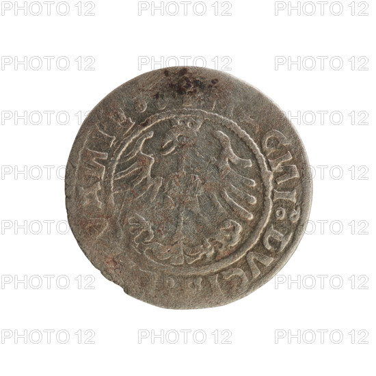 Lithuanian half-grosz, Sigismund I the Old (King of Poland; 1506–1548). Silver coin (half-grosz), 1520. Obverse: Pogon (Lithuanian coat of arms) turned left; rim between pearly borders with inscription '+ MO ETA VA DI:15Z'. Reverse: Polish crowned Eagle; rim between pearly borders with inscription '+ MAGNI:DVCIS:LITVANIE'. Associated with the Jagiellon dynasty; Grand Duchy of Lithuania; Poland.