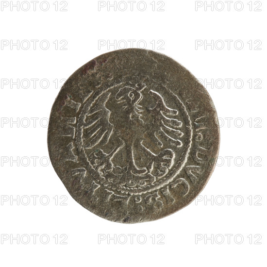 Lithuanian half-grosz, Sigismund I the Old (King of Poland; 1506–1548). Silver coin (half-grosz), 1520. Obverse: Pogon (Lithuanian mounted knight) turned left; inscription in rim between pearl-shaped borders: + O ETA: D 15Z0. Reverse: crowned Polish eagle; inscription in rim between pearl-shaped borders: I:DVCIS:LITVA I 1520. Associated emblems: Pogon, eagle. Function: coin of the Grand Duchy of Lithuania / Poland (Vilnius).