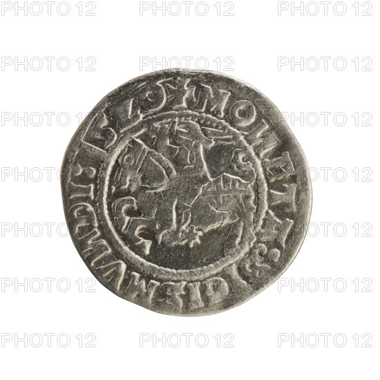 Lithuanian half-grosz, Sigismund I the Old (king of Poland; 1506–1548). Silver coin (half-grosz), 1520. Obverse: Pogon (Lithuanian mounted knight) turned left; in rim between pearl borders an inscription: + MO, ETA:SIGISMV, DI:15Z0. Reverse: Polish crowned eagle; in rim between pearl borders an inscription: + MAG, I:DVCIS:LITVA, IE:, 1520. Grand Duchy of Lithuania (Vilnius).