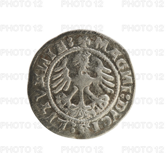 Lithuanian half-grosz, Sigismund I the Old (king of Poland; reign 1506–1548). Silver coin (half-grosz), 1520. Obverse: Pogon (Lithuanian charging knight) turned left; in the rim between pearl borders an inscription: + MO, ETA:SIGISMV, DI:15Z0. Reverse: Polish crowned eagle; in the rim between pearl borders an inscription: + MAG, I:DVCIS:LITVA, IE:, 1520. Grand Duchy of Lithuania, Vilnius.
