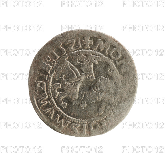 Lithuanian half-grosz, Sigismund I the Old (king of Poland; 1506–1548). Obverse: Pogon (Lithuanian mounted knight) turned left; in the rim between pearl borders an inscription: + MO, GISMVNDIE:15Z1. Reverse: Polish crowned eagle; in the rim between pearl borders an inscription: + MAGNI:DV, VANIE:, 1521. Polish coin from the Grand Duchy of Lithuania (Vilnius). Jagiellon dynasty; emblems: Pogon, eagle.