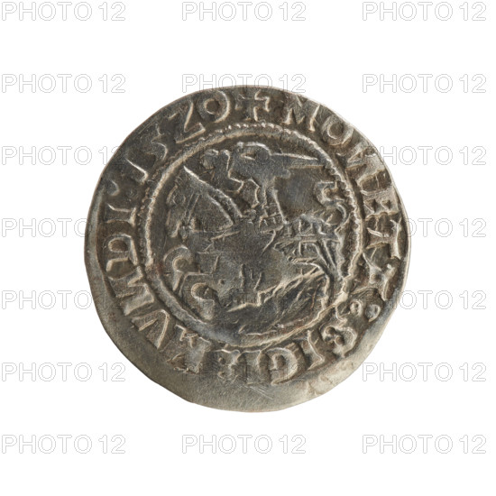 Lithuanian half-grosz of Sigismund I the Old (reigned 1506–1548). Obverse: Pogon (Lithuanian charging knight) turned left; inscription in rim between pearl borders: + MO, ETA:SIGISMV, DI:15Z0. Reverse: Polish crowned eagle; inscription in rim between pearly borders: + MAG, I:DVCIS:LITVA, IE.:., 1520. Coin from the Grand Duchy of Lithuania (Vilnius), features emblems of the Jagiellon dynasty.