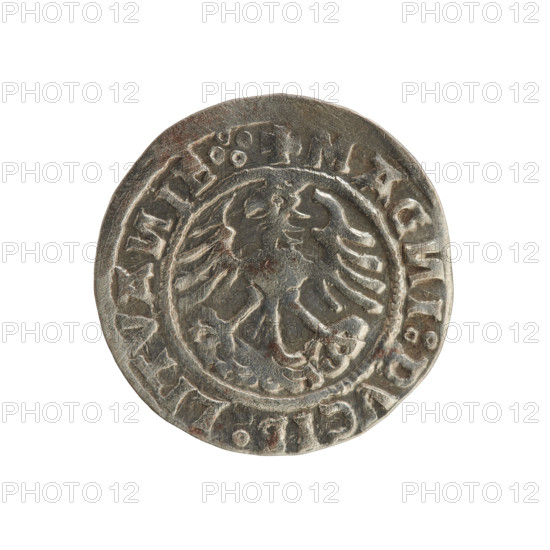 Lithuanian half-grosz, Sigismund I the Old (king of Poland; 1506–1548). Obverse: Pogon (Lithuanian mounted knight) turned left; in the rim between pearl borders an inscription: + MO, ETA:SIGISMV, DI:15Z0. Reverse: Polish crowned eagle; in the rim between pearl borders an inscription: + MAG, I:DVCIS:LITVA, IE.:., 1520. Polish–Lithuanian coin, Grand Duchy of Lithuania (Vilnius).