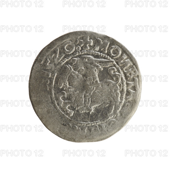 Lithuanian half-grosz, Sigismund I the Old (king of Poland; 1506–1548). Polish coin, Jagiellon dynasty. Obverse: Pogon (Lithuanian charging knight) turned left; in the rim between pearl borders an inscription. Reverse: Polish crowned eagle; in the rim between pearl borders an inscription: IS:LITVA I .:., 1520. Grand Duchy of Lithuania, Vilnius. Material: coin.