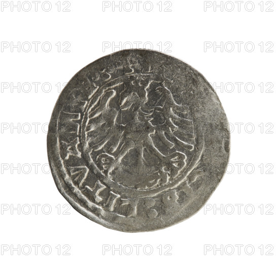 Lithuanian half-grosz, Sigismund I the Old (king of Poland; reign 1506–1548). Silver coin (half-grosz), dated 1520. Obverse: Pogon (Lithuanian knight) turned left; inscription in rim between beaded borders. Reverse: crowned Polish eagle; inscription in rim between beaded borders: 'IS:LITVA, I, .:., 1520'. Emblems: Pogon and eagle; associated with the Jagiellon dynasty and the Grand Duchy of Lithuania (Vilnius).