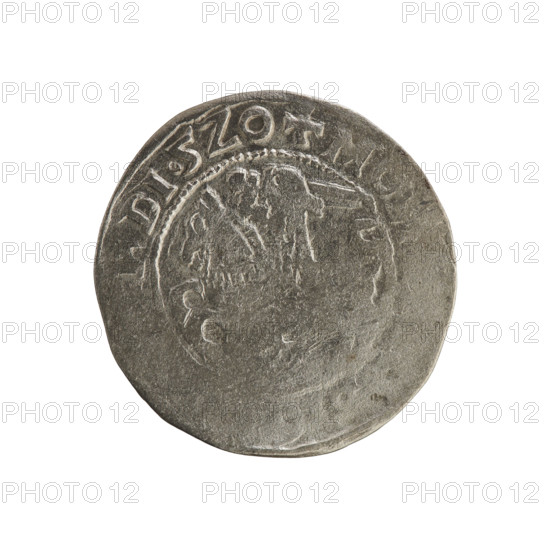 Lithuanian half-grosz, Sigismund I the Old (King of Poland; 1506–1548). Silver coin (half-grosz), dated 1520. Obverse: Pogon (Lithuanian mounted knight) turned left; rim with pearl-shaped borders and inscription '+ MO, DI.5Z0'. Reverse: crowned Polish eagle; rim with pearl-shaped borders and inscription 'IS:LITVA'. Grand Duchy of Lithuania; Vilnius. Jagiellon dynasty; emblems: Pogon and eagle.
