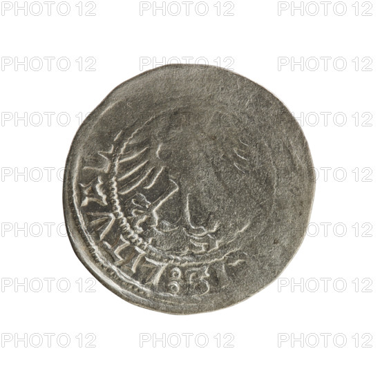Lithuanian half-grosz, Sigismund I the Old (King of Poland; 1506–1548). Silver coin (half-grosz), 1520. Obverse: Pogon (Lithuanian mounted knight) turned left; rim between pearl-shaped borders with inscription '+ MO, DI.5Z0'. Reverse: crowned Polish eagle; rim between pearl-shaped borders with inscription 'IS: LITVA'. Related to the Jagiellon dynasty; emblems: Pogon and Eagle. Grand Duchy of Lithuania; Vilnius; Poland.