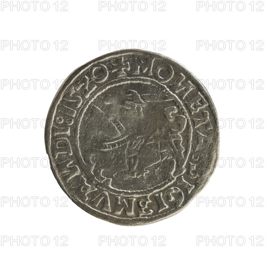 Lithuanian half-grosz, Sigismund I the Old (king of Poland; 1506–1548). R8 (rarity). Polish coin of the Jagiellon dynasty. Obverse: Pogon (Lithuanian coat of arms) turned left; in the rim between pearl borders an inscription: + MO ETA IGISMVA DI 1520. Reverse: Polish crowned eagle; in the rim between pearl borders an inscription: + MAG I DVCIS LITV IE 1520. Grand Duchy of Lithuania, Vilnius, 1520.