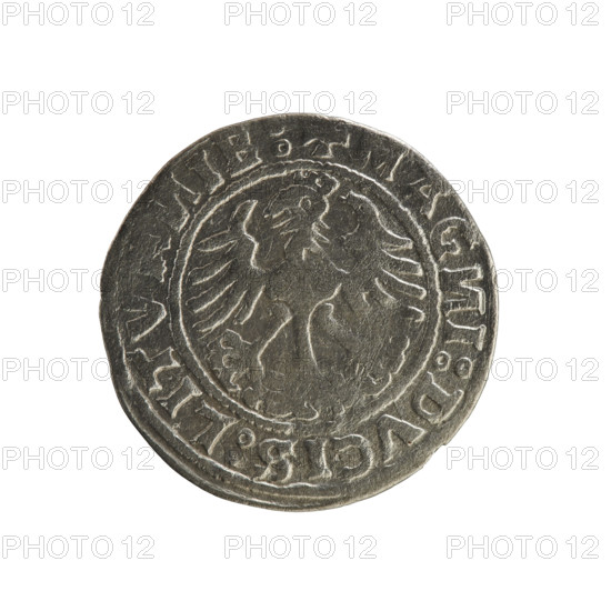 Lithuanian half-grosz, Sigismund I the Old (king of Poland; 1506–1548). R8 (rarity). Polish coin from 1520, Grand Duchy of Lithuania (Vilnius). Jagiellon dynasty. Obverse: Pogon (Lithuanian coat of arms) turned left; in the rim between pearl borders an inscription: + MO ETA IGISMVA DI:15Z0. Reverse: Polish crowned eagle; in the rim between pearl borders an inscription: + MAG I:DVCIS:LITV IE: 1520. Coats of arms: Pogon, Eagle. Coin, half-grosz.
