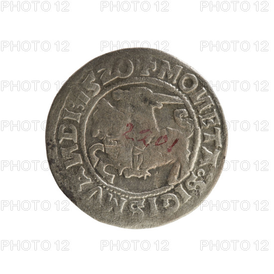 Lithuanian half-grosz, Sigismund I the Old (king of Poland; 1506–1548). Obverse: Pogon (Lithuanian coat of arms) turned left; in the rim between pearl borders an inscription: + MO, ETA:SIGISMVA, DI:15Z0. Reverse: Polish crowned Eagle; in the rim between pearl borders an inscription: + MAG, I:DVCIS:LITVA, IE:, 1520. R8 (rarity). Polish coin of the Jagiellonian dynasty; Grand Duchy of Lithuania, Vilnius; materials and denomination: half-grosz (coin).