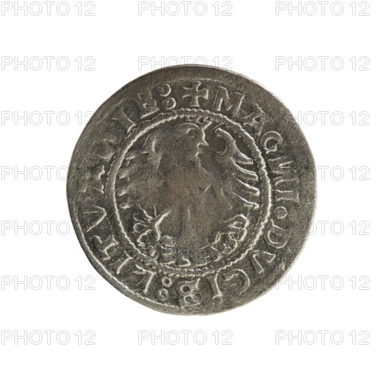Lithuanian half-grosz, Sigismund I the Old (king of Poland; 1506–1548). Obverse: Pogon (coat of arms of Lithuania) turned left; in the rim between pearl borders an inscription: +MO, ETA:SIGISMVA, DI:15Z0. Reverse: Polish Eagle with a crown; in the rim between pearl borders an inscription: +MAG, I:DVCIS:LITVA, IE:, 1520. R8 (rarity). Polish coin, Jagiellonian dynasty; coats of arms: Pogon, Eagle. Grand Duchy of Lithuania; Vilnius; Poland. Coin; half-grosz.