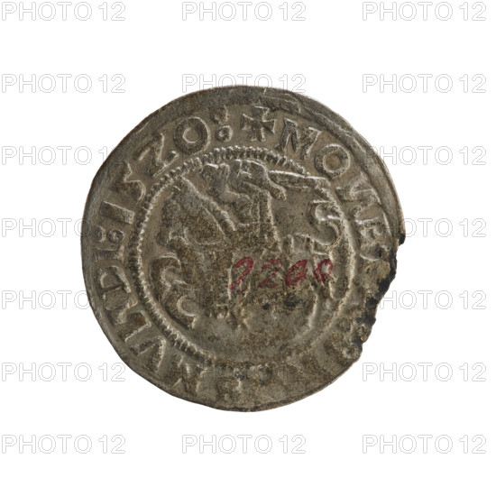 Lithuanian half-grosz, Sigismund I the Old (king of Poland; 1506–1548). Obverse: Pogon (Lithuanian coat of arms) turned left; in the rim between pearl borders an inscription: + MO, ET, :SI, SMV, DI:15Z0:. Reverse: Polish crowned eagle; in the rim between pearl borders an inscription: I:DVCIS:LITVA, IE.:, 1520. Materials: coin; function: currency. Associated with Grand Duchy of Lithuania, Vilnius, Poland; style: Jagiellonian period; motifs: coats of arms, eagles. R8 (rarity).