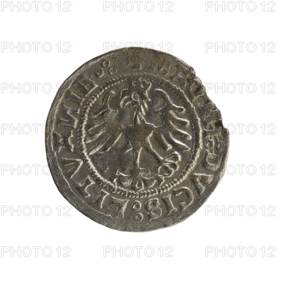 Lithuanian half-grosz, Sigismund I the Old (king of Poland; 1506–1548). R8 (rarity). Polish coin of the Jagiellonian dynasty. Obverse: Pogon (Lithuanian coat of arms) turned left; in the rim between pearl borders an inscription: + MO, ET, :SI, SMV, DI:15Z0:. Reverse: Polish crowned eagle; in the rim between pearl borders an inscription: I:DVCIS:LITVA, IE.:, 1520. Grand Duchy of Lithuania, Vilnius, Poland.