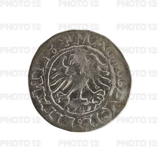 Lithuanian half-grosz, Sigismund I the Old (king of Poland; 1506–1548). Silver coin (half-grosz), 1521. Obverse: Pogon (Lithuanian mounted knight) turned left; inscription in rim between pearl borders. Reverse: Crowned Polish eagle; inscription in rim between pearl borders: + MAG, VCI, LITANI :, 1521. Associated with the Grand Duchy of Lithuania and Poland; Jagiellon dynasty; emblems: Pogon, eagle.