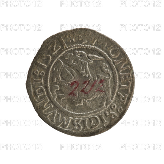 Lithuanian half-grosz, Sigismund I the Old (king of Poland; 1506–1548). Obverse: Pogon (Lithuanian coat of arms) turned left; in the rim between pearl borders an inscription: ONETA:SIGISMVNDI:15Z1:. Reverse: Polish crowned eagle; in the rim between pearl borders an inscription: AGNI:DVCIS:LITVANIE:. 1521. Grand Duchy of Lithuania, Vilnius. Polish coin; Jagiellonian dynasty; coats of arms; eagles; rarity R8.