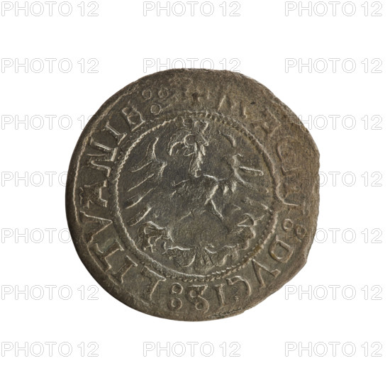 Lithuanian half-grosz, Sigismund I the Old (king of Poland; 1506–1548). Obverse: Pogon turned left; in the rim between pearl borders an inscription: ONETA:SIGISMVNDI:15Z1:. Reverse: Polish Eagle with a crown; in the rim between pearl borders an inscription: AGNI:DVCIS:LITVANIE:. 1521. Grand Duchy of Lithuania, Vilnius. Polish coin; Jagiellonian dynasty. Coats of arms: Pogon (Lithuania) and Eagle. R8 (rarity).