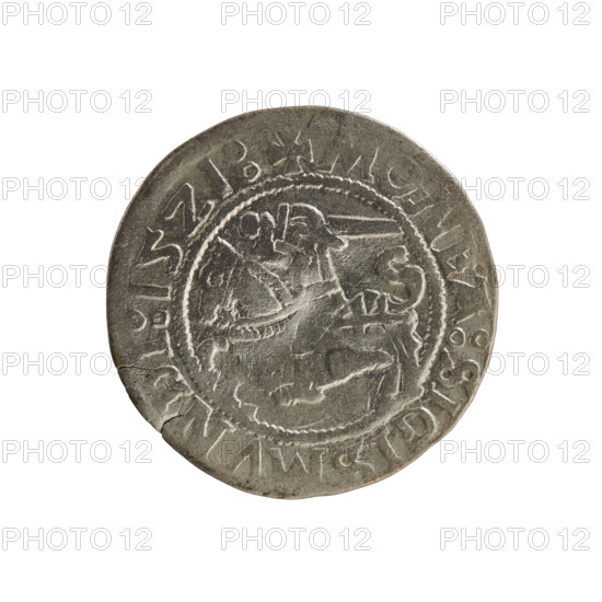 Lithuanian half-grosz, Sigismund I the Old (king of Poland; 1506–1548). Polish coin (Jagiellon dynasty), 1521. Obverse: Pogon (Lithuanian charging knight) turned left; in rim between pearl borders an inscription: + MONEA:SIGISMV:DI:15Z1: (1521). Reverse: Polish crowned eagle; in rim between pearl borders an inscription: + MAGNI:DVCIS:LI, VANIE:, 1521. Grand Duchy of Lithuania, Vilnius.