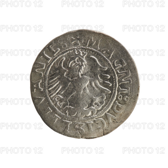 Lithuanian half-grosz, Sigismund I the Old (king of Poland; 1506–1548). Silver coin, 1521. Obverse: Pogon (mounted knight) turned left; in the rim between pearl borders an inscription: + MONEA:SIGISMV, DI:15Z1:. Reverse: Polish crowned eagle; in the rim between pearl borders an inscription: + MAGNI:DVCIS:LI, VANIE:, 1521. Grand Duchy of Lithuania; Vilnius.