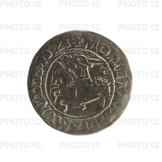 Lithuanian half-grosz, Sigismund I the Old (king of Poland; 1506–1548). Silver coin (half-grosz), 1521. Obverse: Pogon (Lithuanian knight) turned left; rim between pearl borders with inscription '+ MONE, SMVND, 15Z1'. Reverse: Crowned Polish eagle; rim between pearl borders with inscription '+ MAGNI:D, ANIE:, 1521'. Emblems: Pogon and eagle; Jagiellon dynasty; Grand Duchy of Lithuania, Vilnius.