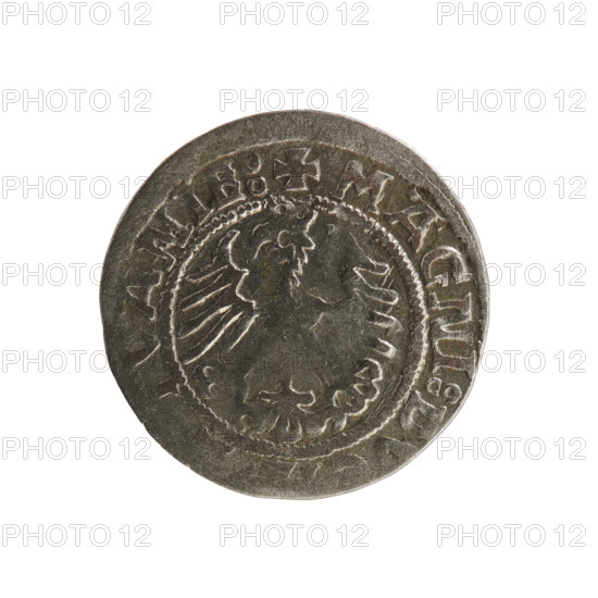 Lithuanian half-grosz, Sigismund I the Old (king of Poland; 1506–1548). Silver coin (half-grosz), 1521. Obverse: Pogon (Lithuanian mounted knight) turned left; in the rim between pearl borders an inscription: + MONE, SMVND, 15Z1. Reverse: crowned Polish Eagle; in the rim between pearl borders an inscription: + MAGNI:D, ANIE:, 1521. Grand Duchy of Lithuania, Vilnius; Polish–Lithuanian (Jagiellon) dynasty.